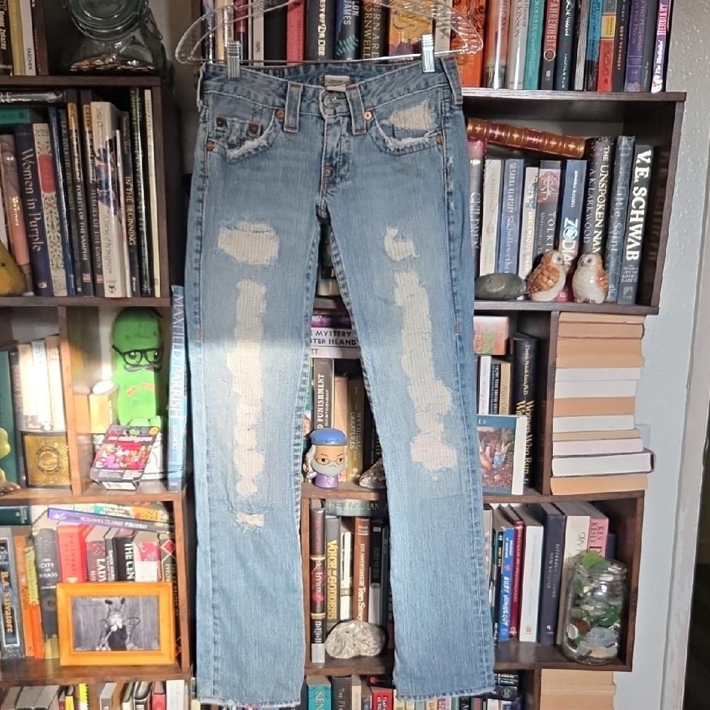 True Religion Light Blue Distressed Straight Leg Jeans